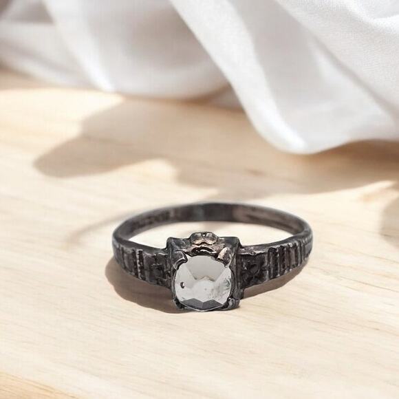 Medieval Revival Solitaire Ring – Sterling Silver Clear Faceted Stone Size 4.75 - Picture 5 of 7